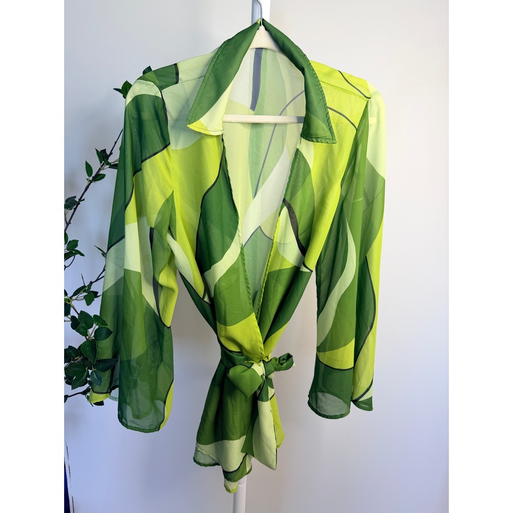 Green Abstract  Print Sheer Mesh Tie Front Beach Cover Up Bell Sleeve Top L/XL - Picture 2 of 5